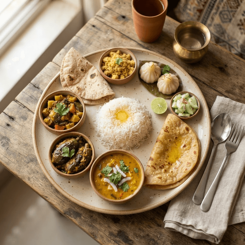 Traditional Maharashtrian thali with chapati, dal, sabji, rice and sides